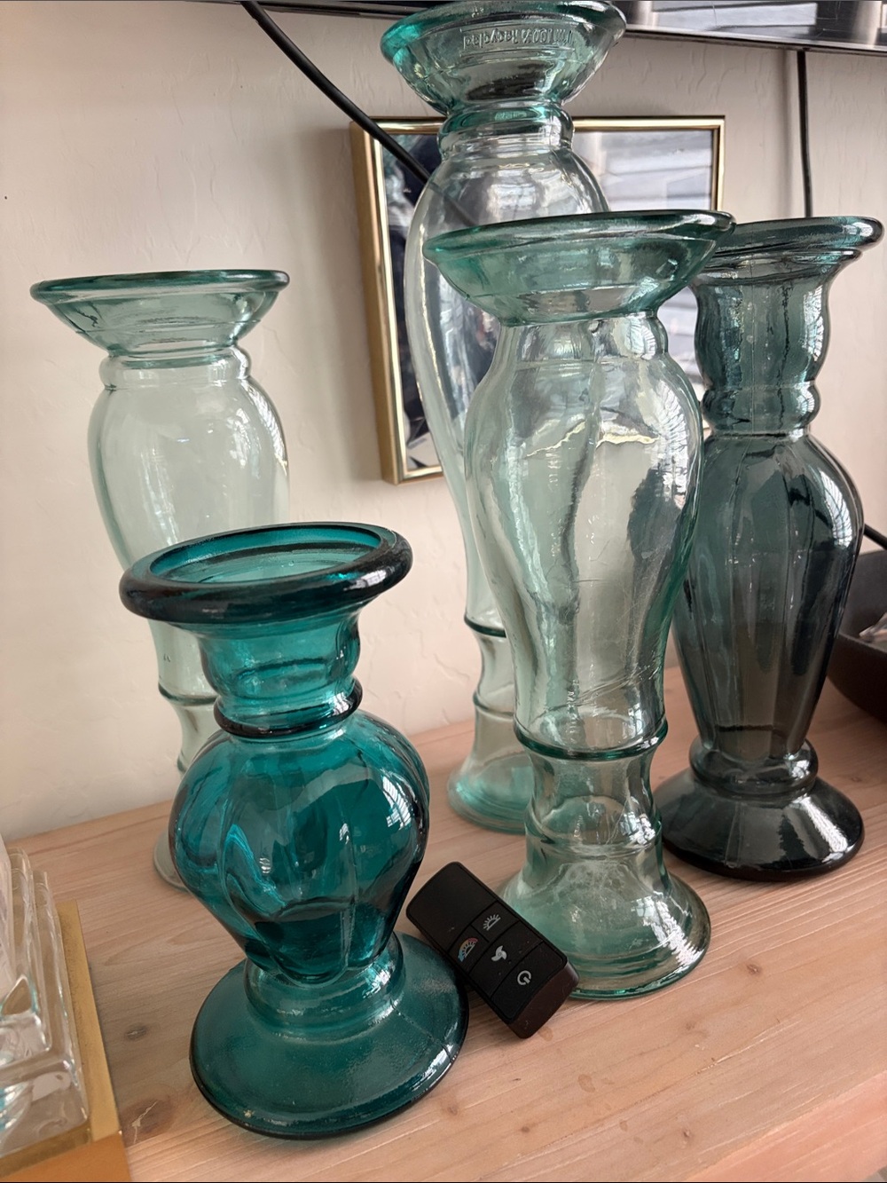 Pottery Barn Teal and Seafoam Glass Vase Set